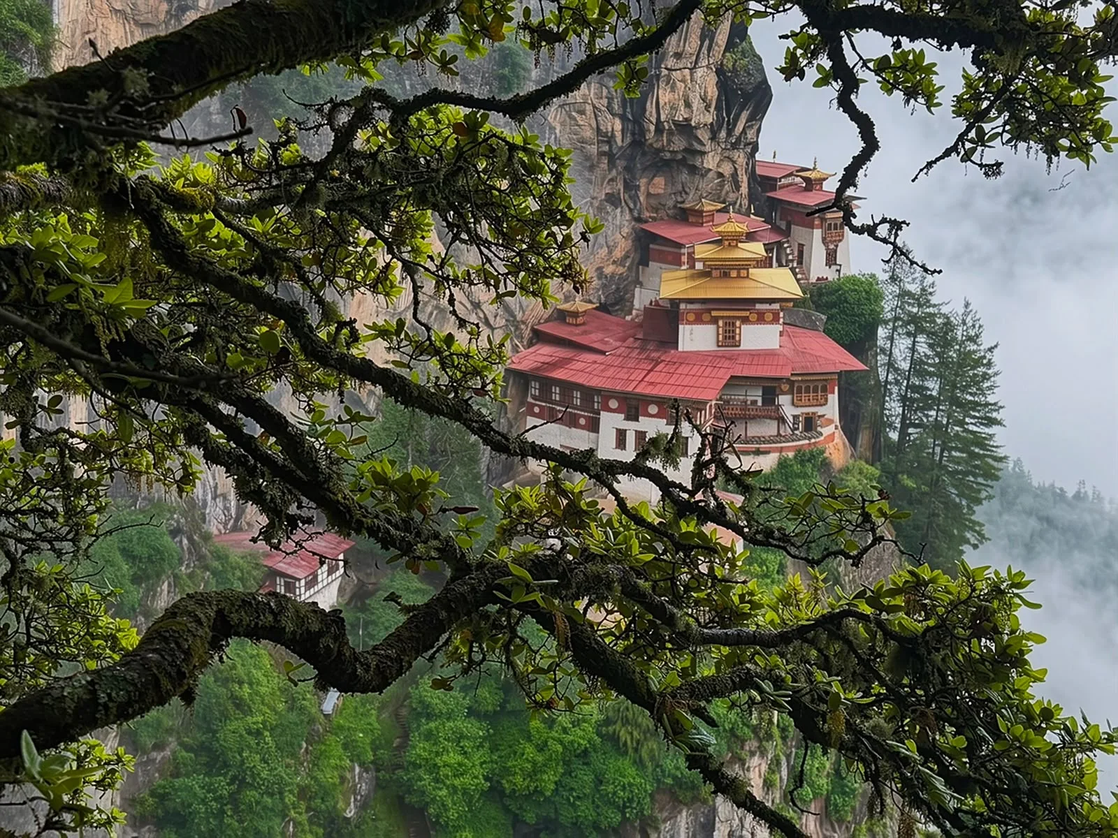 A Bhutanese monastery seen through a mountain forest