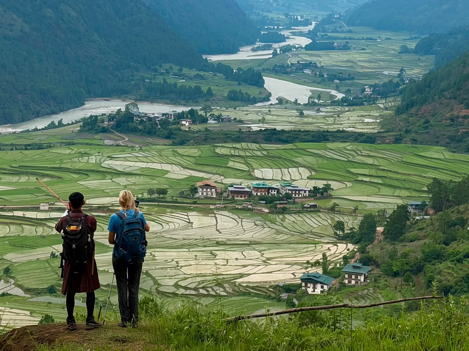 A green mountain valley with terraced fields and a river